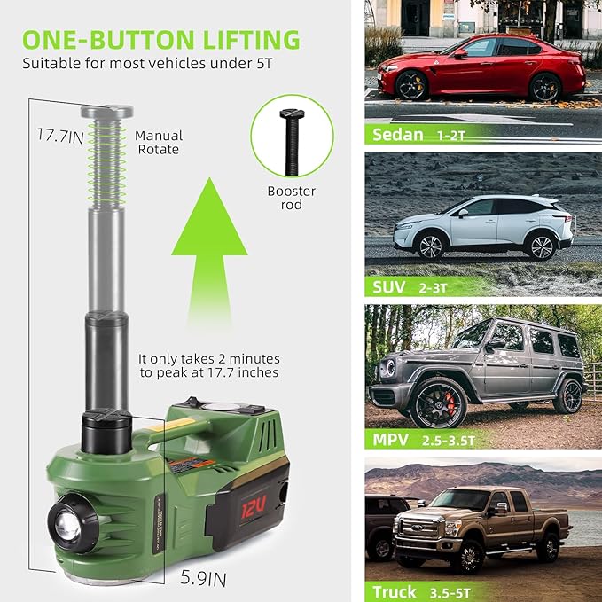EFFIROSO Electric Car Jack Kit 5 Ton 12V Hydraulic Floor Jack with Impact Wrench Tire Inflator Pump for Vehicle Emergency Repair Kit (Lifting 6.1 to 17.7 inches Green)
