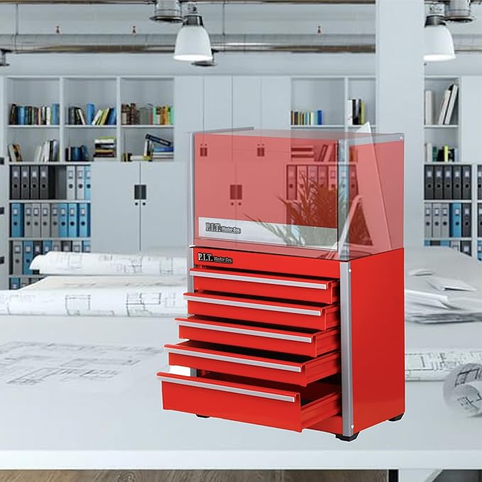 P.I.T. Mini Red Tool Box, Portable 5-Drawer Micro Roll Cab Steel Stackable Tool Box with Liner, Red Small Tool Case for Tools Storage and Organizers, Home DIY