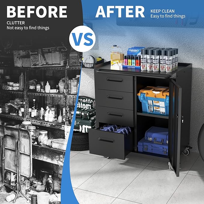 Metal Storage Cabinet with Wheels, Garage Storage Cabinet with 1 Door and 4 Drawer, Rolling Tool Storage Cabinet, Assembly Required, Black