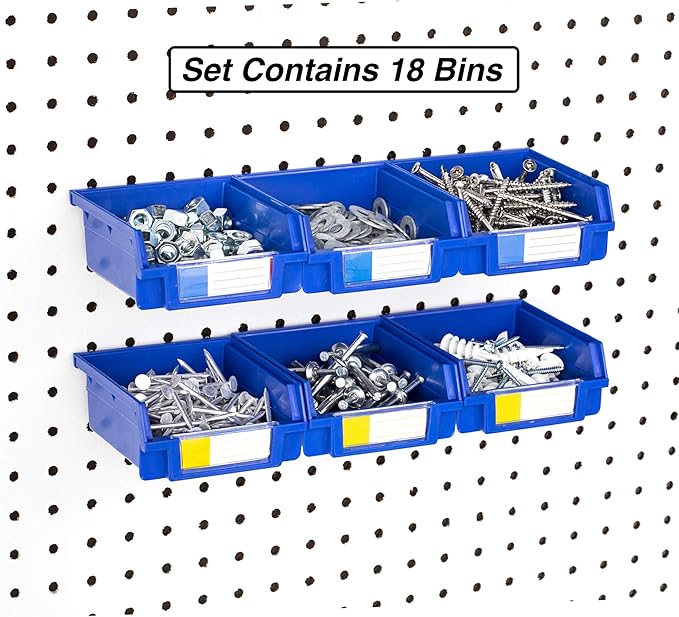 Pegboard Bins – 18 Pack Blue - Hooks to Any Peg Board - Organize Hardware, Accessories, Attachments, Workbench, Garage Storage, Craft Room, Tool Shed, Hobby Supplies, Small Parts
