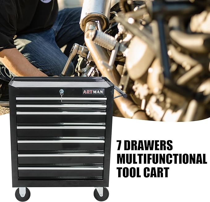 Rolling Tool Chest Metal Tool Box with Wheels Tool Cabinet Craftsman Tool Cart on Wheels Tool Box Portable Tool Box with Wheels 7 Drawers Multifunctional Tool Cart with Wheels, Black
