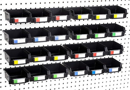 Pegboard Bins 24 Pack, Black - Hooks to Any Peg Board - Organize Hardware, Accessories, Attachments, Workbench, Garage Storage, Craft Room, Tool Shed, Hobby Supplies, Small Parts