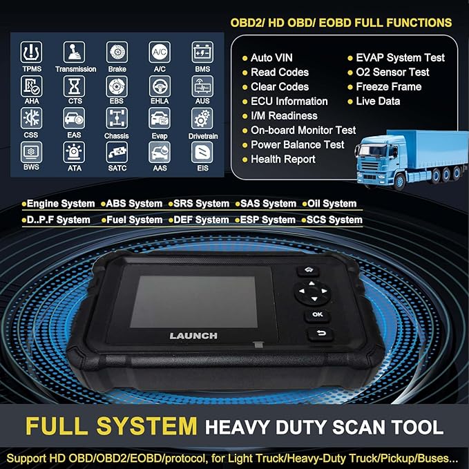 Launch CRP129 HD Heavy Duty Truck Scanner, Car Diagnostic Scanner for Commercial Vehicles, Full Sysem Diagnostic Tool, 7+ Services, Power Balance Test, Full OBD2/HD OBD/EOBD, 51+ Brands