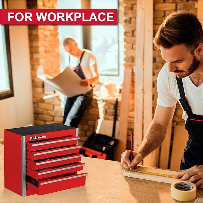 P.I.T. Mini Red Tool Box, Portable 5-Drawer Micro Roll Cab Steel Stackable Tool Box with Liner, Red Small Tool Case for Tools Storage and Organizers, Home DIY