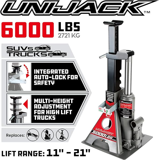Powerbuilt 3 Ton, Bottle Jack and Jack Stands in One, 6000 Pound Capacity, All-in-One Car Lift, Heavy Duty Vehicle Unijack, Wide Base, 620471