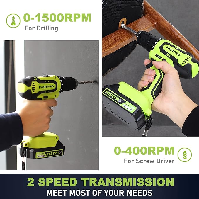 FASTPRO 177-Piece 20V Cordless Lithium-ion Drill Driver and Home Tool Set, Household Repairing Kit with in Storage Case, Green