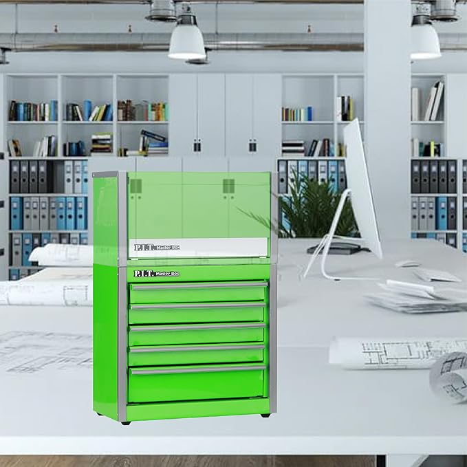 P.I.T. Mini Green Tool Box, Portable 5-Drawer Micro Roll Cab Steel Stackable Tool Box with Liner, Green Small Tool Case for Tools Storage and Organizers, Home DIY