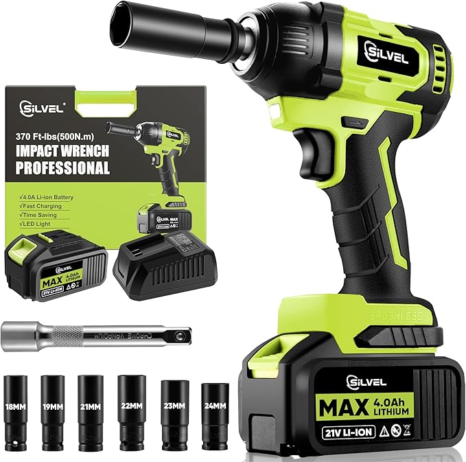 SILVEL Cordless Impact Wrench, MAX 500N.M Brushless Impact Gun 1/2 inch, 4.0Ah Battery, 6 Sockets, 3200RPM Impact Driver wih Fast Charger