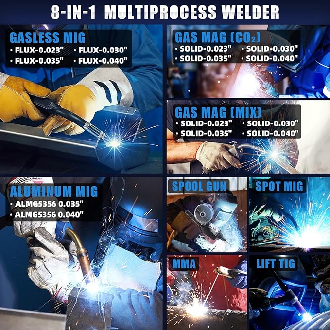 AZZUNO MIG Welder 110V/220V, 200A 8 in 1 Welder Machine Flux Core MIG/Gas MIG/MAG/Aluminum MIG/Spot MIG/Lift TIG/Stick Welding/Spool Gun Compatible, Multiprocess Welding Machine