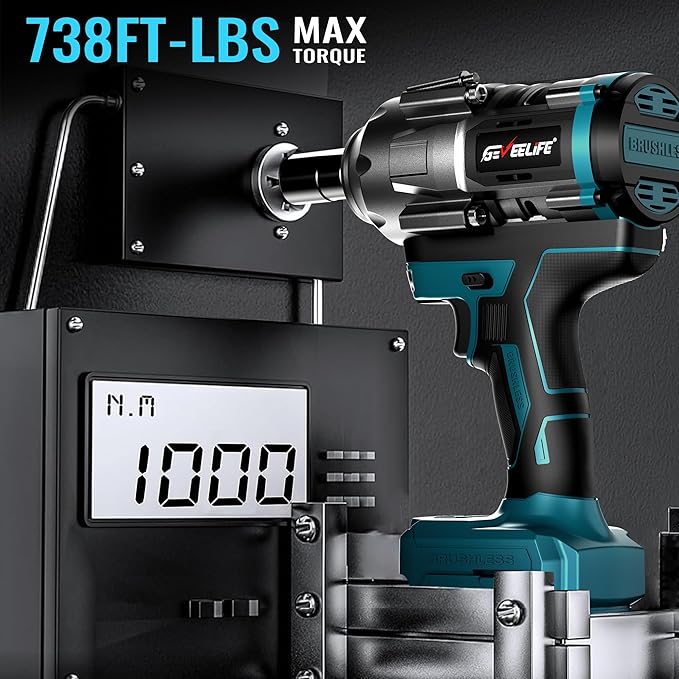 1000N.m (738Ft-lbs) Brushless Impact Wrench, 1/2" Cordless Impact Gun w/ 2x 5.0Ah Battery, Fast Charger & 6 Sockets, 3800RPM Electric Impact Driver for Truck Car/Home DIY/Industry