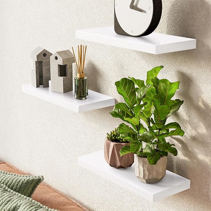 BAYKA Floating Shelves for Wall, Wall Mounted Rustic Wood Shelves for Bathroom, Bedroom, Living Room, Kitchen, Hanging Shelf for Books/Storage/Room Decor with 22lbs Capacity (White, Set of 3, 15.7in)