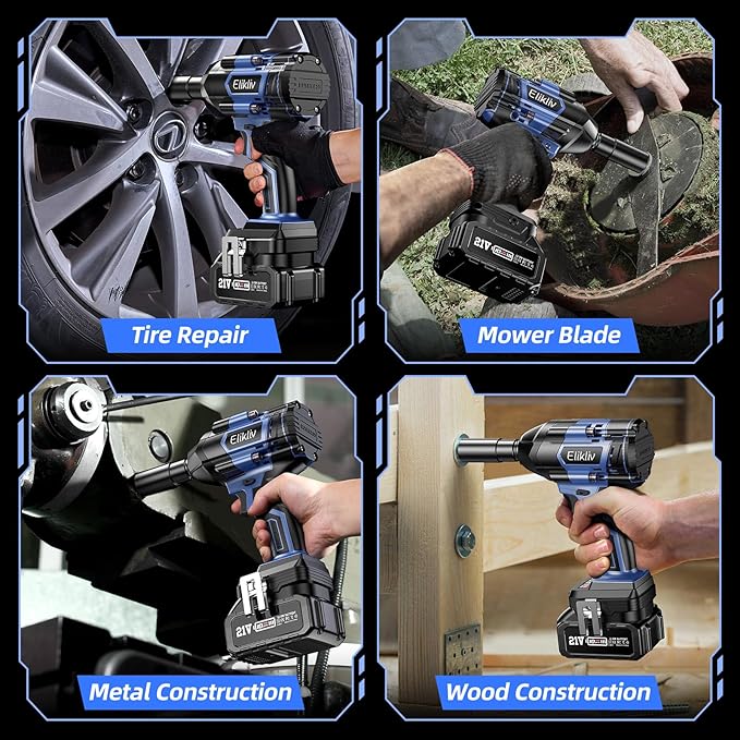 Elikliv Cordless Brushless Impact Wrench 1/2 inch, Max Torque 1000N.m, 740Ft-lbs 21V Electric Power Impact Gun, 2x 4000mAh Battery, Fast Charger, 4 Sockets set, Power Impact Driver for Car Tires Home