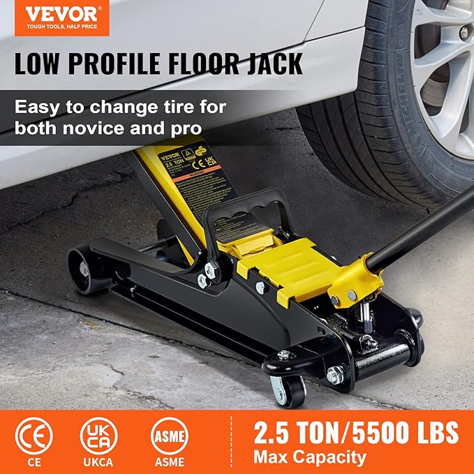 VEVOR 2.5 Ton Low Profile, Heavy-Duty Steel Racing Floor Jack with Single Piston Lift Pump, Lifting Range 3.35"-14.96"