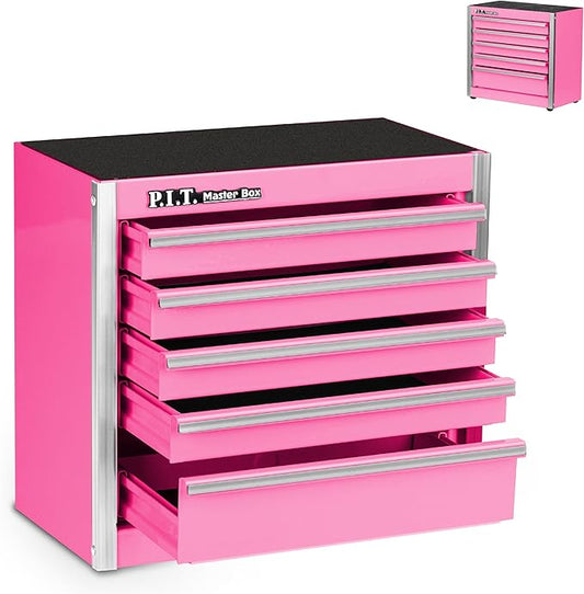P.I.T. Mini Pink Tool Box, Portable 5-Drawer Micro Roll Cab Steel Stackable Tool Box with Liner, Pink Small Tool Case for Tools Storage and Organizers, Home DIY