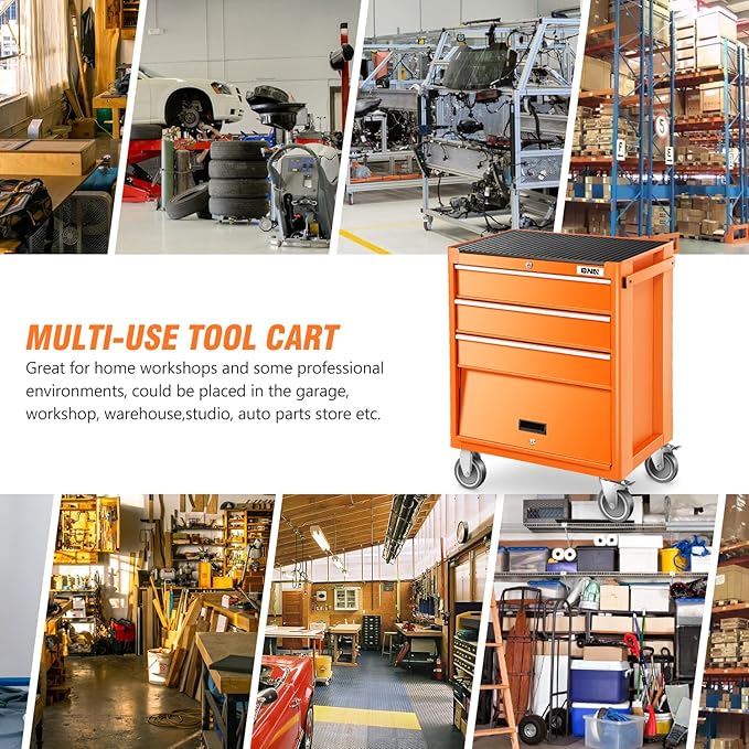DNA MOTORING 3-Drawers Utility Rolling Tool Chest Cabinet with Wheels, Heavy Duty Industrial Service Cart Keyed Locking System, for Garage Warehouse Workshop, Orange, TOOLS-00400