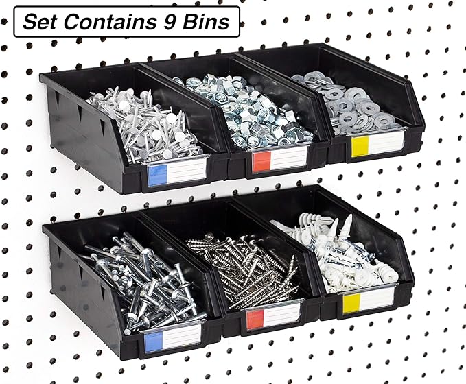 Pegboard Bins – 9 Pack Black Extra Large - Hooks to Any Peg Board - Organize Hardware, Accessories, Attachments, Workbench, Garage Storage, Craft Room, Tool Shed, Hobby Supplies, Parts