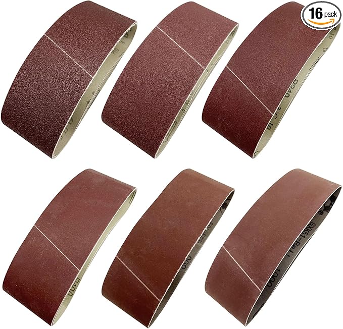 16 Pcs 3 x 21 Inch Sanding Belts, 2 Each of 800/1000 Grits, 3 Each of 80/120/240/400 Grits, Aluminum Oxide Sander Belt for Woodworking, Plastic, Fiberglass and Metal Grinding & Polishing