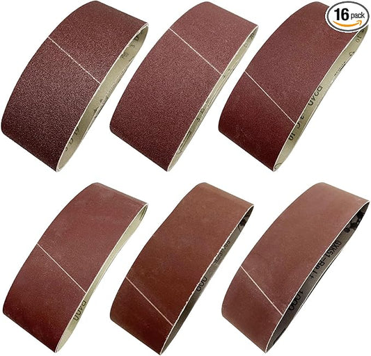 16 Pcs 3 x 21 Inch Sanding Belts, 2 Each of 800/1000 Grits, 3 Each of 80/120/240/400 Grits, Aluminum Oxide Sander Belt for Woodworking, Plastic, Fiberglass and Metal Grinding & Polishing