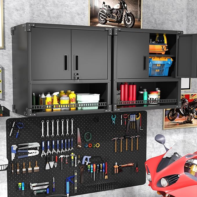 Garage Wall Cabinet with Doors and Shelves, Wall Mounted Metal Storage Cabinet with Open Storage, Lockable Hanging Tool Cabinet for Garage Utility Room, Black