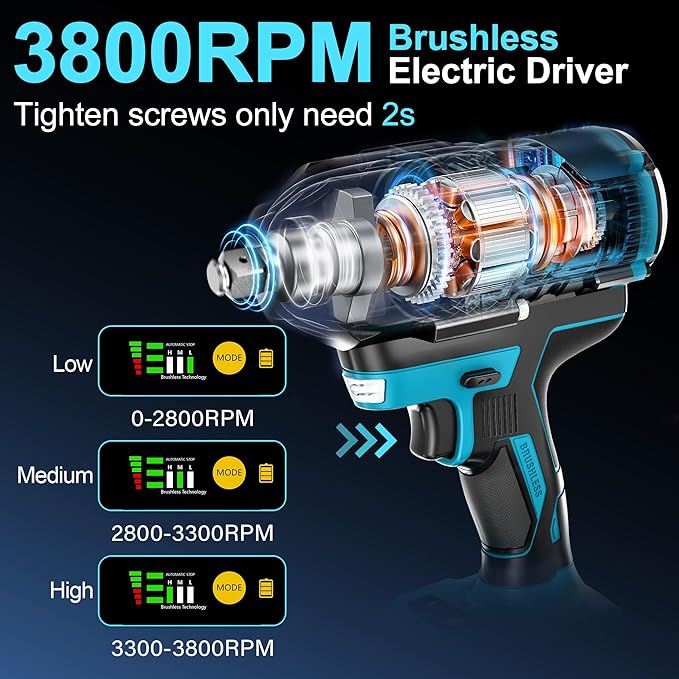 1000N.m (738Ft-lbs) Brushless Impact Wrench, 1/2" Cordless Impact Gun w/ 2x 5.0Ah Battery, Fast Charger & 6 Sockets, 3800RPM Electric Impact Driver for Truck Car/Home DIY/Industry