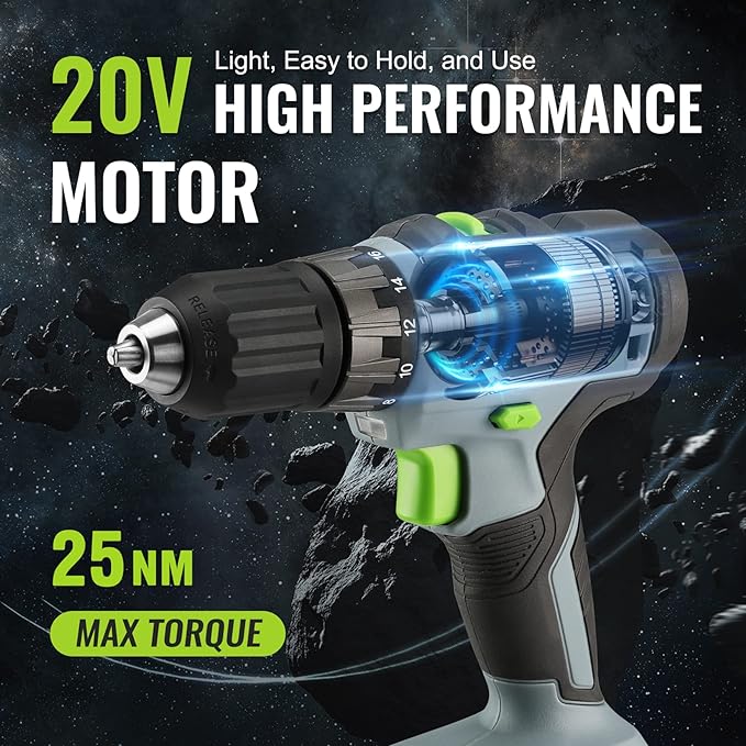 WORKPRO 20V Cordless Drill Driver Kit, 3/8'' Keyless Chuck, 2.0 Ah Li-ion Battery, 1 Hour Fast Charger and 11-inch Green Storage Bag Included