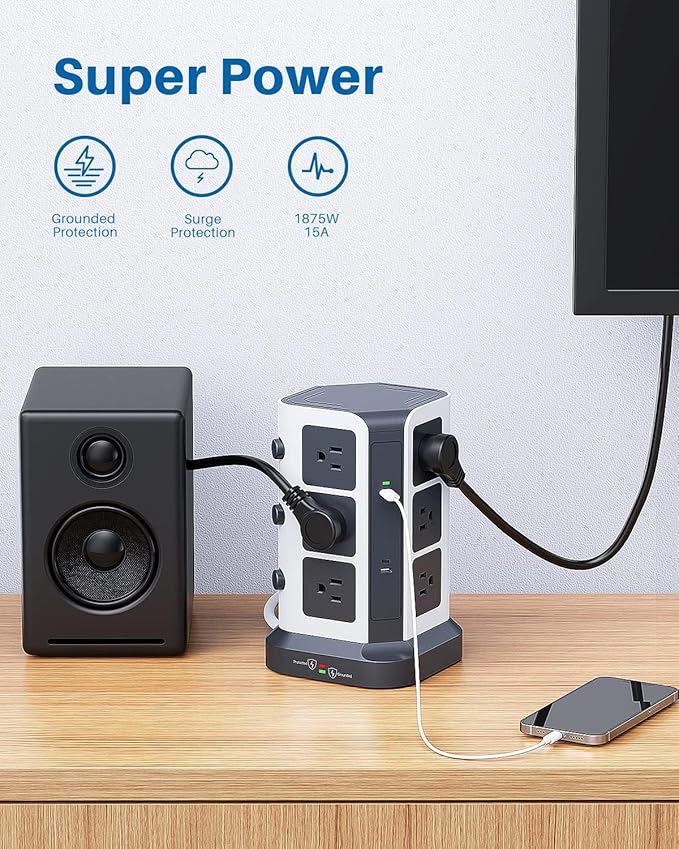 KOOSLA Power Strip Tower with 2 USB C, 1500J Surge Protector with 12 Outlets& 5 USB(1875W/15A), 16.4 ft Extension Cord with Multiple Outlets, Office Desk Supplies, Dorm Room Essentials, Gray