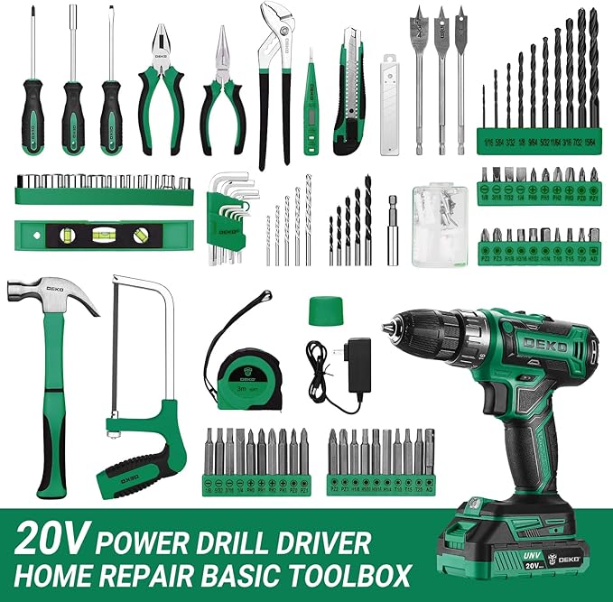 Drill Tool Kit Set: 20V Cordless Power Drill Tool Box with Battery Electric Drill Driver for Women and Men Home Hand Repair Basic Toolbox Tools Sets Drills Case (Green)