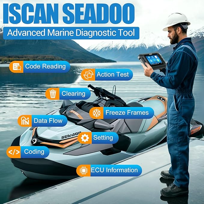 iScan SEA-DOO Marine Diagnostic Tablet OBD2 Diagnostic Tool for BRP Jet Ski, Personal Watercraft, Outboard Motor - Read and Erase Fault Codes, Live Data, Active Test, 15+ Special Function