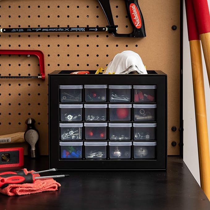 IRIS USA Screw Organizer, Hardware Storage Organizer, 16 Drawer Parts Cabinet, Plastic Drawer Storage for Hardware Crafts, Small Parts, Nuts, Bolts, Tool Organizer Storage, Scrapbook Art Hobby - Black