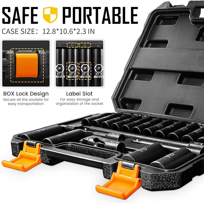BOEN 1/2" Drive Metric Deep Impact Socket Set, 20 Piece Cr-V Steel Metric Socket Set 10mm-24mm, Includes Extension Bars, Universal Joint and Adapter, 6 Point Design, Meets ANSI Standards