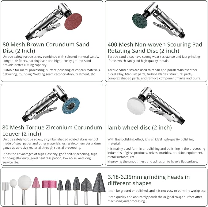 EYPINS Compressed Air Angle Die Grinder 1/4" 90 Degree Mini Sander Grinder Polisher Tool Set with Grinding Stones and Sanding Discs for Contour Grinding, Polishing, Milling