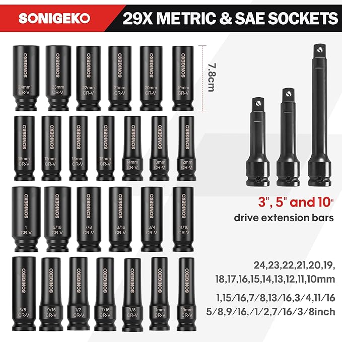 Socket Set 1/2" Drive Impact Socket Set,29-Piece 6 Point Deep Socket Set Standard SAE and Metric CR-V Steel Sockets with 3",5",10" extension bar (Metric and SAE, 1/2" Socket Set, 29pcs)