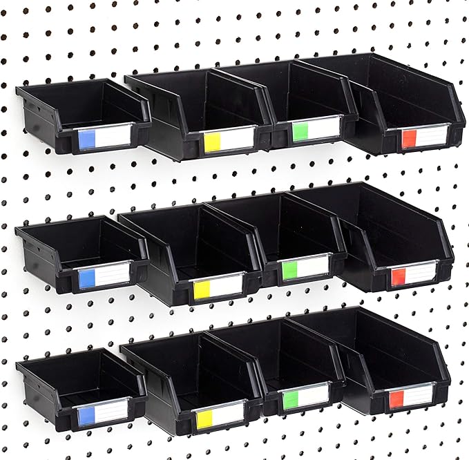 Pegboard Bins - 3 Sizes, Set of 12 - Hooks to Any Peg Board - Organize Hardware, Accessories, Attachments, Workbench, Garage Storage, Craft Room, Tool Shed, Hobby Supplies, Small Parts