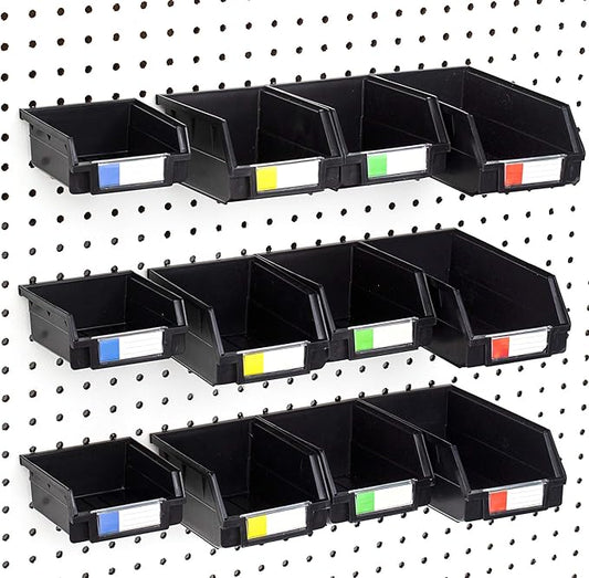 Pegboard Bins - 3 Sizes, Set of 12 - Hooks to Any Peg Board - Organize Hardware, Accessories, Attachments, Workbench, Garage Storage, Craft Room, Tool Shed, Hobby Supplies, Small Parts