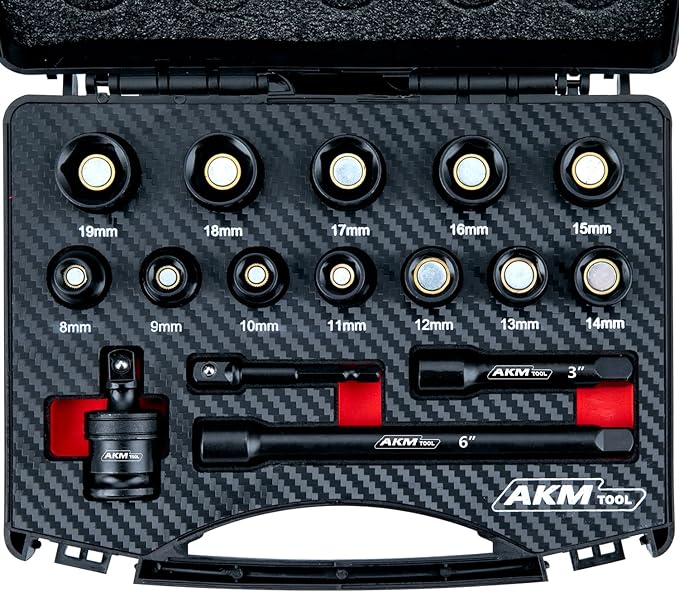 3/8 Inch Drive Magnetic Impact Socket Set, 16-Piece Metric, 8mm-19mm, 6 Point, Cr-Mo, Square Drive, Magnetic Socket with Drill Bit Adapter, Universal Joint & Extension