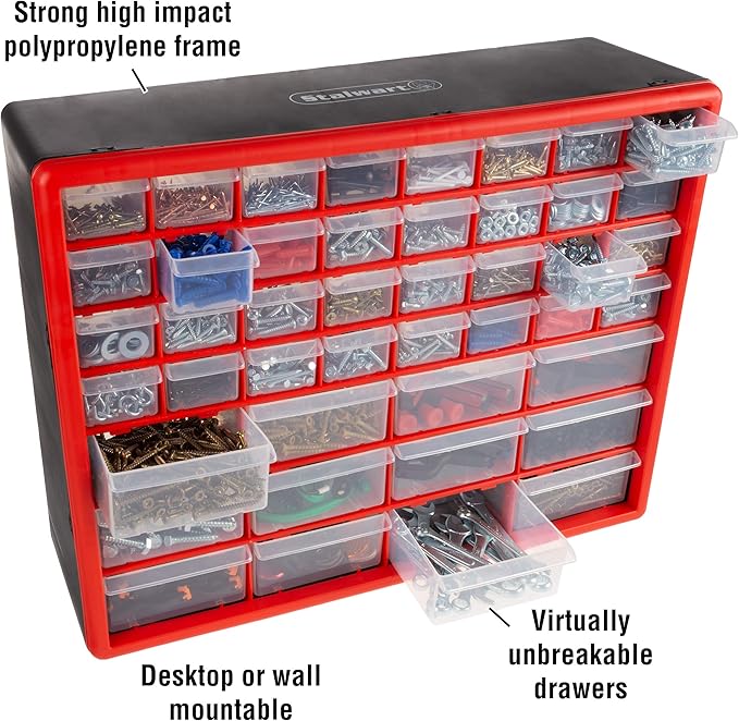 Storage Drawers-44 Compartment Organizer Desktop or Wall Mountable Container for Hardware, Parts, Craft Supplies, Beads, Jewelry, and More by Stalwart
