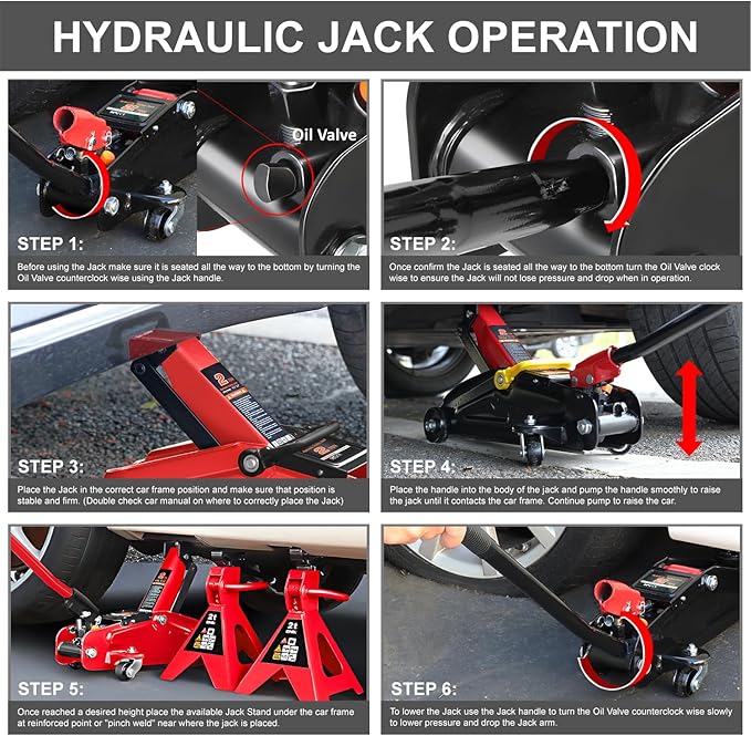 DNA MOTORING Low Profile Hydraulic Trolley Service/Floor Jack Combo with 2 Ratchet Jack Stands, 2 Ton (4000 lbs) Capacity,Red, TOOLS-00476-RD