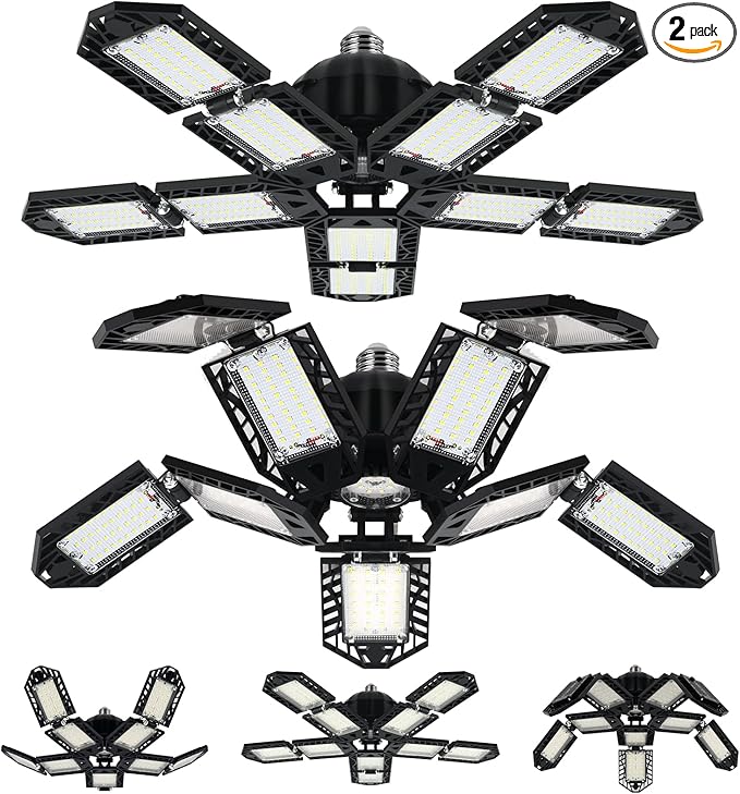 LED Garage Lights Bulb 10+1 Panels 2 Pack -200W, 20000LM 6500K Led Shop Light with 6+1 Deformable Panels, Ceiling Lights for Basement Barn Light Garage