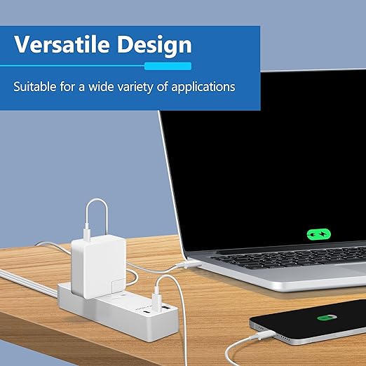 LIDER Outlet Extender with 3 Receptacles, USB Type-A, and 2 USB Type-C Port, Ultra-Thin Flat-Plug with Cord Extender, 3-Outlet Power Strip, Slim Angled Design, Modern, 5ft Cord, White, 2 Pack