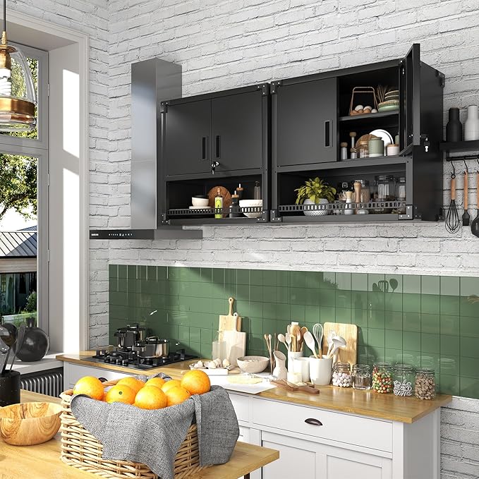 Garage Wall Cabinet with Doors and Shelves, Wall Mounted Metal Storage Cabinet with Open Storage, Lockable Hanging Tool Cabinet for Garage Utility Room, Black