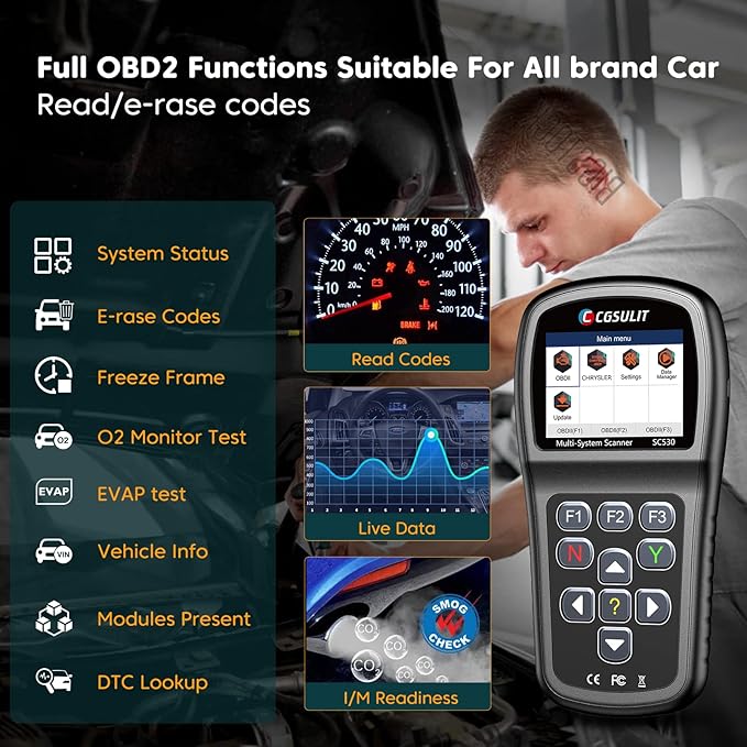 OBD2 Scanner, All System Code Reader for Dodge Chrysler Jeep Car Scanner with Reset SRS ABS EPB SAS Transmission Engine Light CKP Relearn, etc 30+ Special Functions Bidirectional Diagnostic Scan Tool