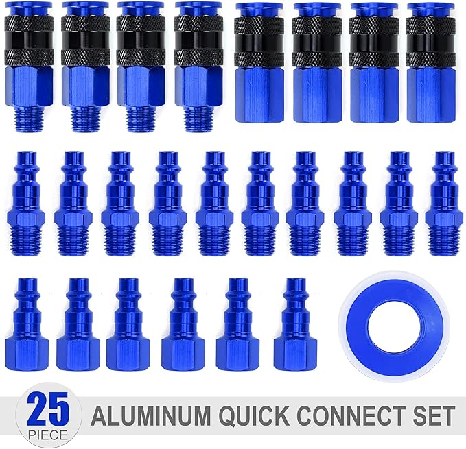 25 Pieces 1/4" NPT Aluminum Air Coupler and Plug Kit, Quick Connect Air Fittings, Industrial Quick Connector Set (Blue)