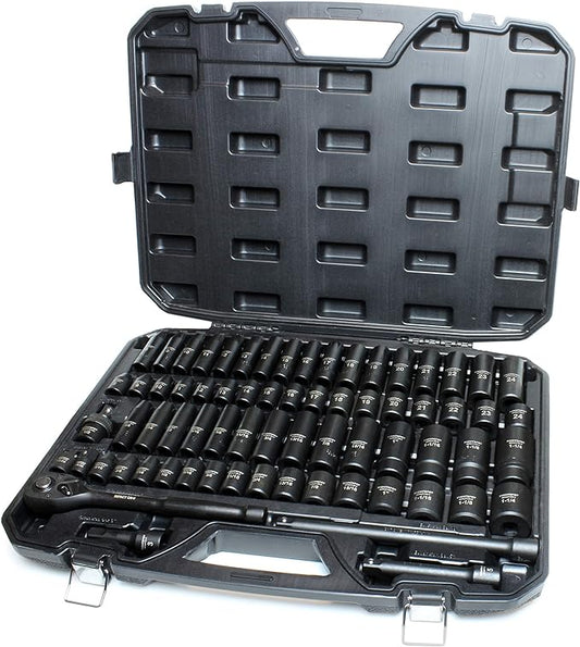 TIGHTSPOT 1/2" Drive 70pc Impact Socket MASTER SET with SAE & Metric from 5/16 Inch - 1-1/4 Inch, 8mm - 24mm, Standard/Deep Sockets with Extension Bars & Adapters & More