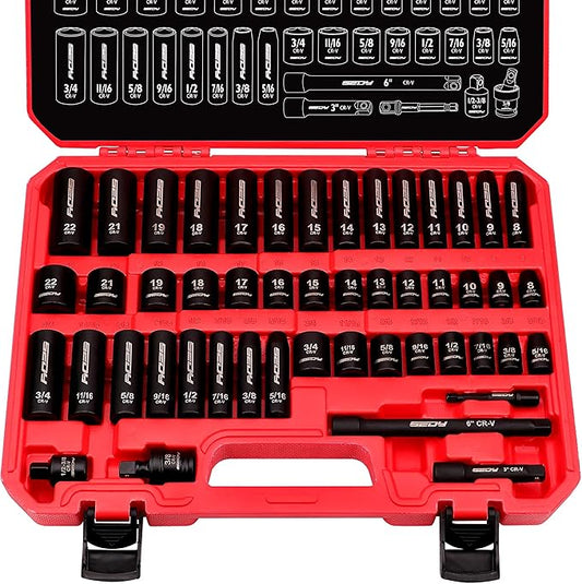 49-Piece SAE and Metric Impact Socket Set with Extension Bars - For High Durability Impact Wrench