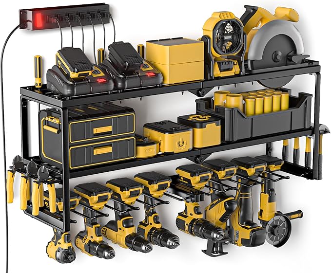 Power Tool Organizer with Charging Station, Garage Storage Shelf with 6 Outlets Power Strip, 8 Slots for Drill Holder Wall Mount, Heavy Duty Metal Tool Holder and Storage Rack, Father's Day