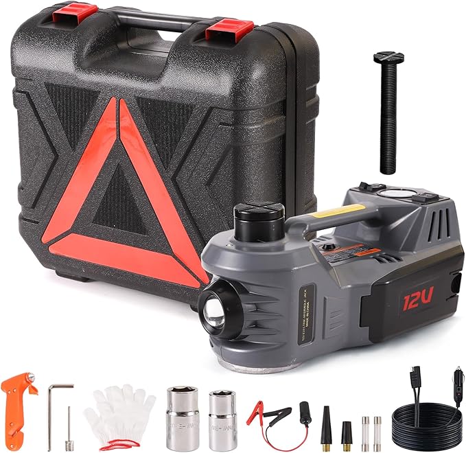 EFFIROSO Electric Car Jack Kit 5 Ton 12V Hydraulic Floor Jack with Impact Wrench Tire Inflator Pump for Vehicle Emergency Repair Kit (Lifting 6.1 to 17.7 inches Gray)