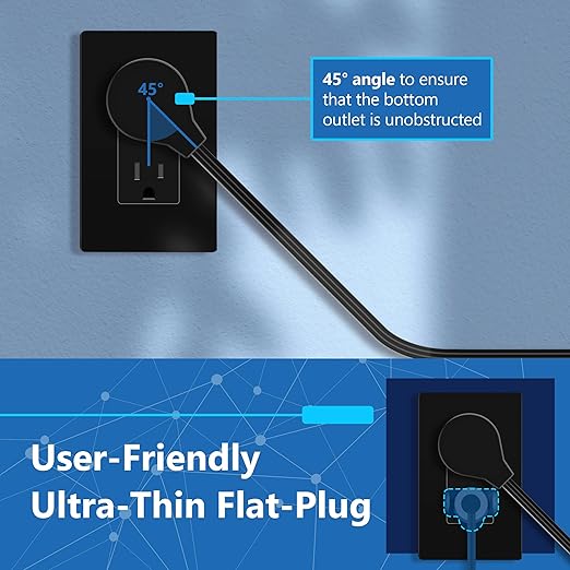 LIDER Outlet Extender with 6 Receptacles, USB-A and 2 USB-C, Ultra-Thin Flat-Plug with Cord Extender, 6-Outlet Power Strip, Slim Angled Design, Surge Protector, 480 Joules, 5ft Cord, Black
