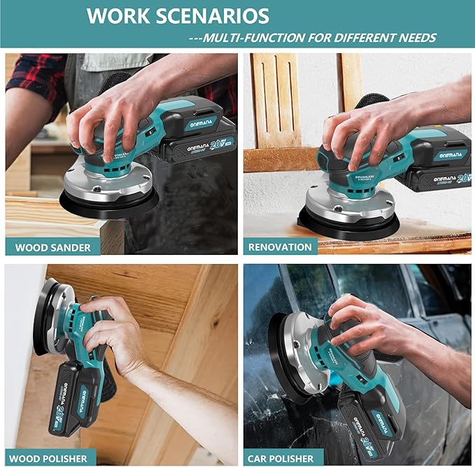 Orbital Sander 5-inch Palm Sander 20V Brushless Cordless Electric sander 7 Variable Speeds Hand Sanders for Wooding and Sanding With 10 Sanding Papers，Dust Collection Bag，Battery and Charger