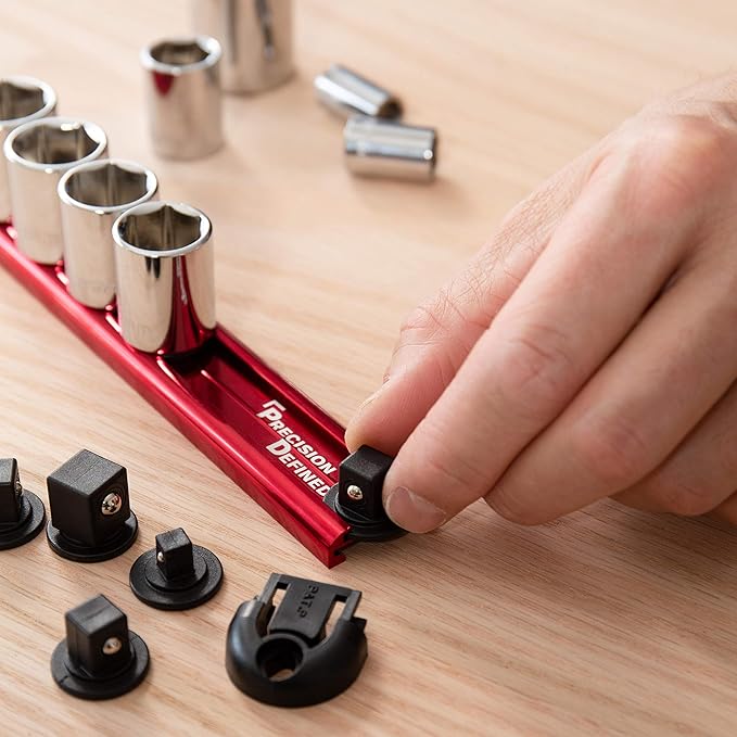 Precision Defined Aluminum Tool Socket Holder | Red, Single 3/8-Inch Socket Organizer x 16 Clips | Heavy Duty Socket Rails Organizer, Socket Storage, Socket Tray 360 Rotation