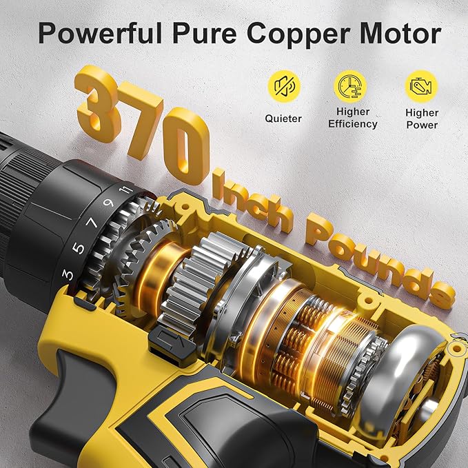 Cordless Drill, 20V Power Drill, Double 2000mAh Batteries Electric Drill, Cordless Drill with Battery and Charger, 3/8" Keyless Chuck Battery Drill with 25+1 Max 370 In-lb Torque, 42Pcs Drill Bits